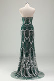 Glitter Dark Green Mermaid Strapless Sequins Long Corset Prom Dress With Beading