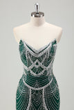 Glitter Dark Green Mermaid Strapless Sequins Long Corset Prom Dress With Beading