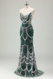 Glitter Dark Green Mermaid Strapless Sequins Long Corset Prom Dress With Beading