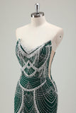 Glitter Dark Green Mermaid Strapless Sequins Long Corset Prom Dress With Beading