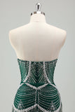 Glitter Dark Green Mermaid Strapless Sequins Long Corset Prom Dress With Beading