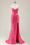 Sparkly Fuchsia Mermaid Strapless Long Prom Dress With Slit