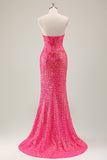 Sparkly Fuchsia Mermaid Strapless Long Prom Dress With Slit