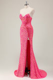 Sparkly Fuchsia Mermaid Strapless Long Prom Dress With Slit