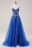 Royal Blue Tulle A-Line Spaghetti Straps Corset Long Prom Dress with Slit