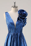 Royal Blue A Line Deep V-Neck Metallic Prom Dress with Floral Shoulder Detail