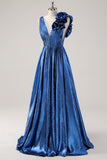 Royal Blue A Line Deep V-Neck Metallic Prom Dress with Floral Shoulder Detail