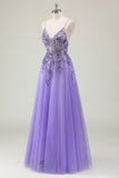 Purple A Line Spaghetti Straps Sequin Tulle Prom Dress with Appliques