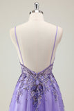 Purple A Line Spaghetti Straps Sequin Tulle Prom Dress with Appliques