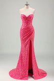 Sparkly Fuchsia Mermaid Strapless Corset Sequins Long Prom Dress With Slit