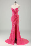 Sparkly Fuchsia Mermaid Strapless Corset Sequins Long Prom Dress With Slit