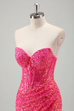 Sparkly Fuchsia Mermaid Strapless Corset Sequins Long Prom Dress With Slit