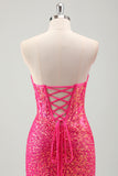 Sparkly Fuchsia Mermaid Strapless Corset Sequins Long Prom Dress With Slit