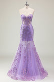 Purple Mermaid Corset Strapless Long Prom Dress with Appliques