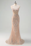 Sparkly Champagne Mermaid Spaghetti Straps Corset Long Prom Dress