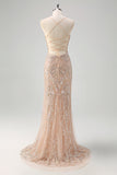 Sparkly Champagne Mermaid Spaghetti Straps Corset Long Prom Dress