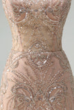 Sparkly Champagne Mermaid Spaghetti Straps Corset Long Prom Dress