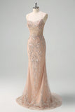 Sparkly Champagne Mermaid Spaghetti Straps Corset Long Prom Dress