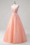 Sparkly Peach A-Line Corset Floral Tulle Long Prom Dress with Beaded