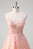 Sparkly Peach A-Line Corset Floral Tulle Long Prom Dress with Beaded