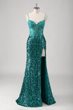 Peacock Green Mermaid Spaghetti Straps Long Prom Dress With Sequins