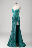 Peacock Green Mermaid Spaghetti Straps Long Prom Dress With Sequins