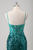 Peacock Green Mermaid Spaghetti Straps Long Prom Dress With Sequins