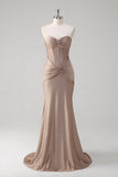 Khaki Mermaid Strapless Corset Pleated Prom Dress