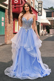 Sparkly Light Blue A Line Spaghetti Straps Spiral Ruffles Long Ball Dress with Sequins