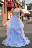 Sparkly Light Blue A Line Spaghetti Straps Spiral Ruffles Long Ball Dress with Sequins