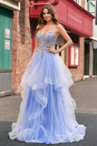 Sparkly Light Blue A Line Spaghetti Straps Spiral Ruffles Long Ball Dress with Sequins