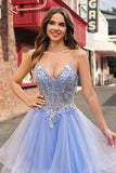 Sparkly Light Blue A Line Spaghetti Straps Spiral Ruffles Long Ball Dress with Sequins