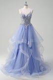 Sparkly Light Blue A Line Spaghetti Straps Spiral Ruffles Long Ball Dress with Sequins