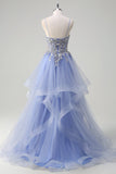 Sparkly Light Blue A Line Spaghetti Straps Spiral Ruffles Long Ball Dress with Sequins