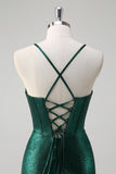 Glitter Dark Green Mermaid Corset Ruched Metallic Prom Dress with Slit