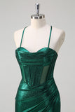 Glitter Dark Green Mermaid Corset Ruched Metallic Prom Dress with Slit