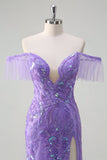 Sparkly Purple Tulle Mermaid Off the Shoulder Sequin Prom Dress with Slit