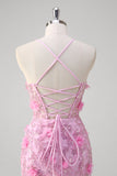 Pink Mermaid Spaghetti Straps Sequin Prom Dress With 3D Flowers