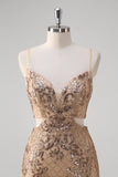 Champagne Mermaid Spaghetti Straps Sequin Hollow Out Prom Dress