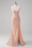 Blush Mermaid Spaghetti Straps Corset Sequined Long Prom Dress