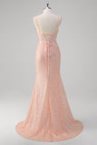 Blush Mermaid Spaghetti Straps Corset Sequined Long Prom Dress