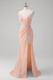 Blush Mermaid Spaghetti Straps Corset Sequined Long Prom Dress