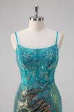 Peacock Green Mermaid Spaghetti Straps Corset Sequined Prom Dress