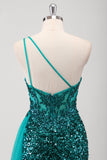 Peacock Green Mermaid One Shoulder Corset Sequins Long Prom Dress with Slit