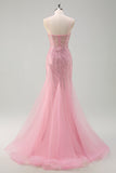 Sparkly Pink Mermaid Spaghetti Straps Sequins Long Corset Prom Dress