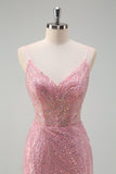 Sparkly Pink Mermaid Spaghetti Straps Sequins Long Corset Prom Dress