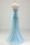 Blue Mermaid Spaghetti Straps Satin Long Corset Prom Dress With Beading