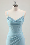 Blue Mermaid Spaghetti Straps Satin Long Corset Prom Dress With Beading