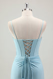 Blue Mermaid Spaghetti Straps Satin Long Corset Prom Dress With Beading