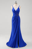 Sparkly Royal Blue Mermaid Spaghetti Straps Long Prom Dress With Slit